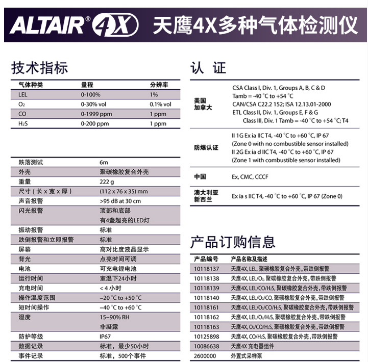 MSA天鹰4X四合一气体检测仪